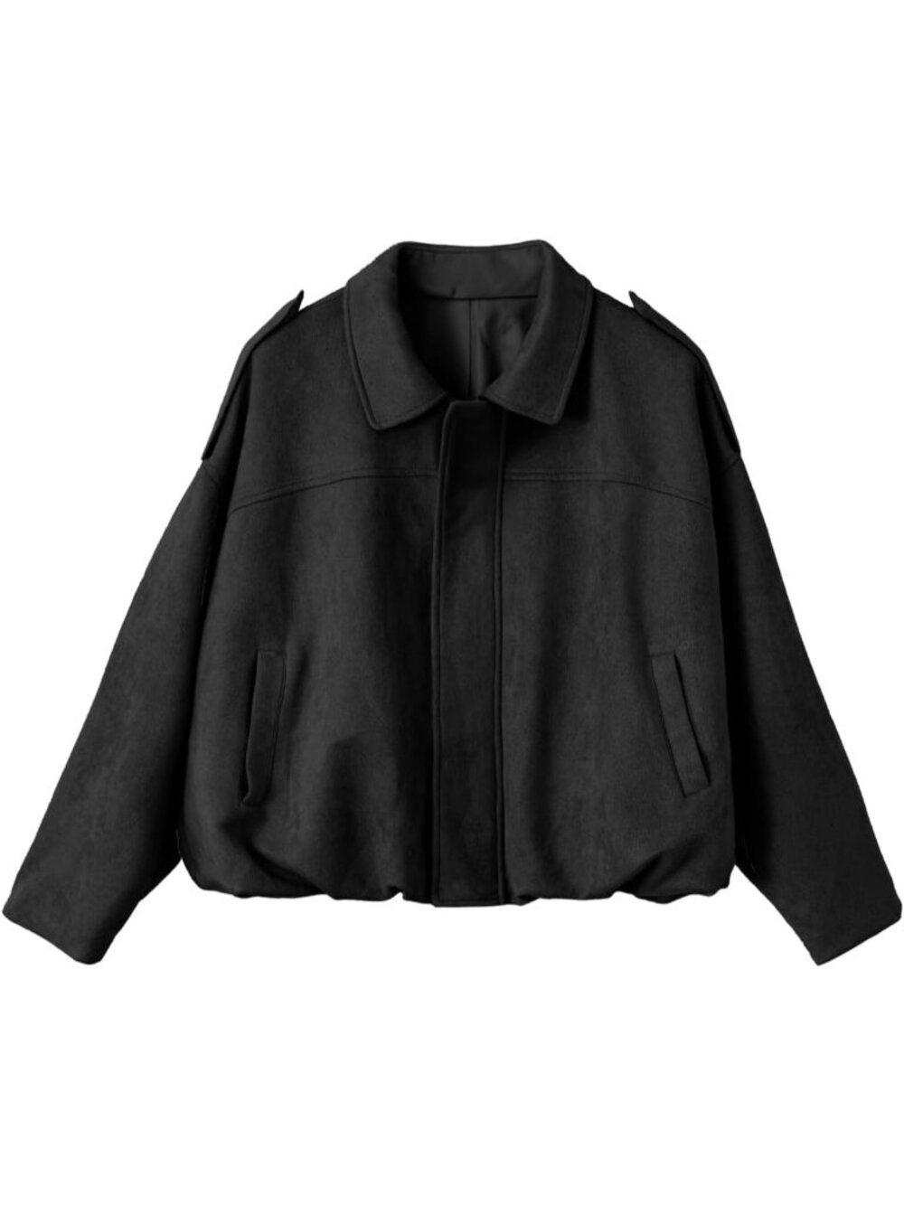 Women's Black Faux Suede Cropped Bomber Jacket Long Sleeve Zip Up Coat